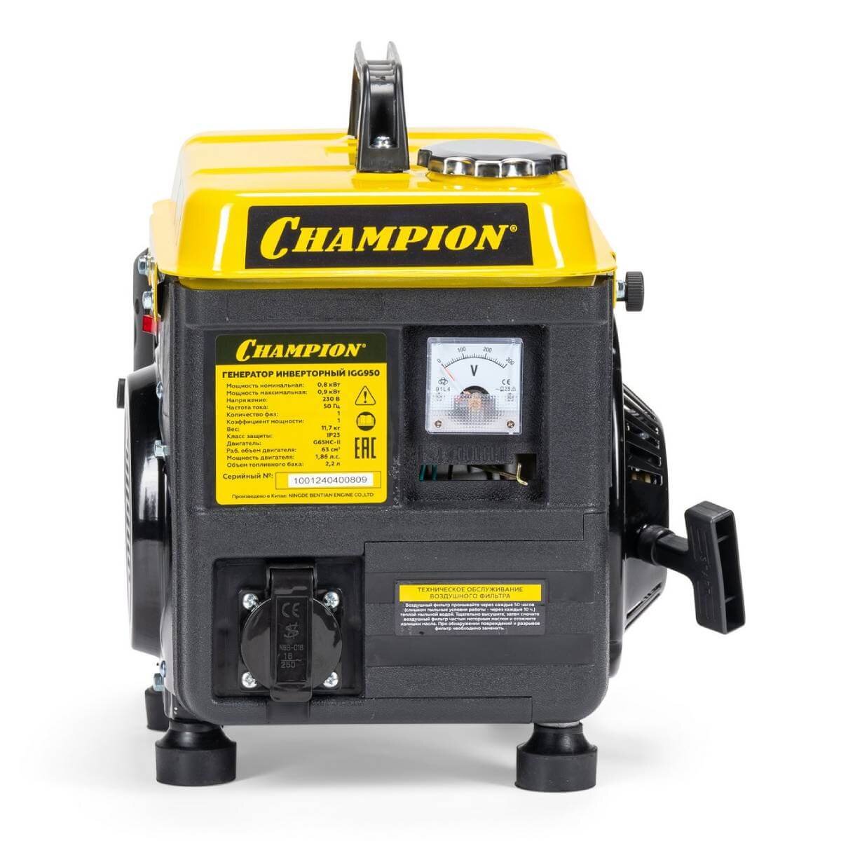 Бензогенератор инверторный Champion IGG950 [0.9 кВт, 220В, бак 2.2л, ручной стартер]