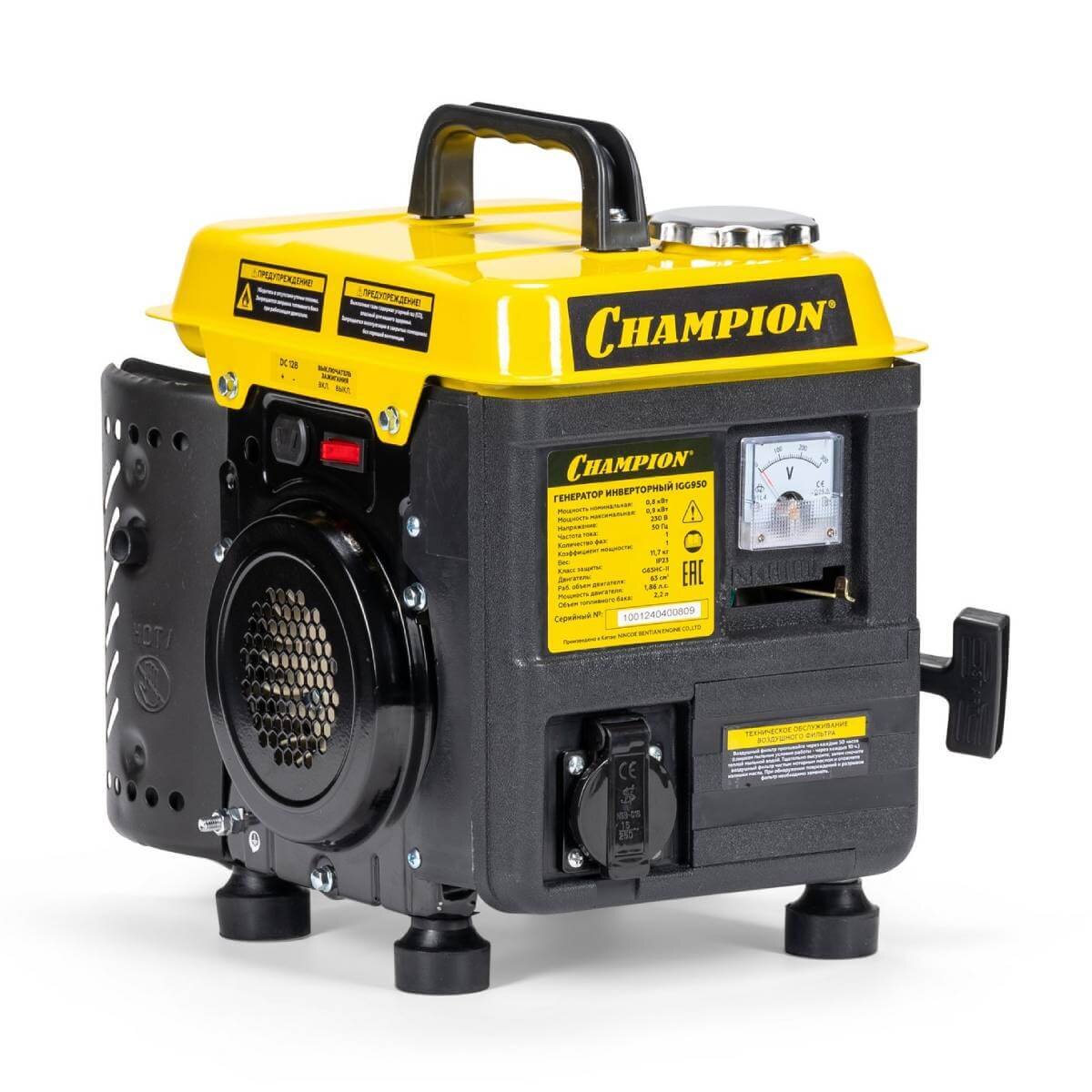 Бензогенератор инверторный Champion IGG950 [0.9 кВт, 220В, бак 2.2л, ручной стартер]