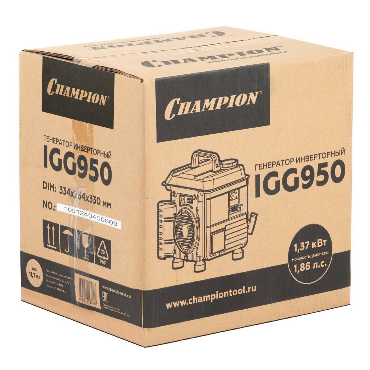 Бензогенератор инверторный Champion IGG950 [0.9 кВт, 220В, бак 2.2л, ручной стартер]